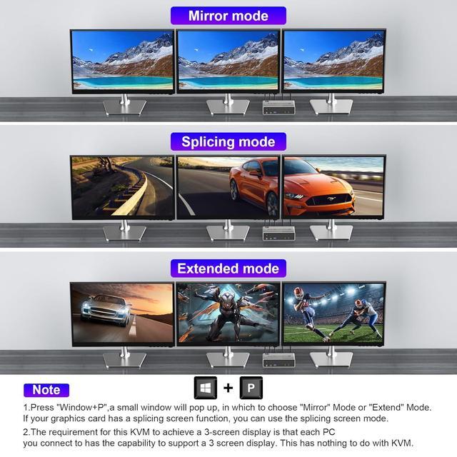 AUTYUE DP1.4 Triple Monitor KVM Switch 8K 60Hz Extended And Copy Mode 2 In 3 Out Displayport KVM Switch For 2 Computers Share 3 Monitors & 3 USB 3.0 Devices&Audio Microphone With Desktop Controller