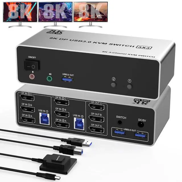 AUTYUE DP1.4 Triple Monitor KVM Switch 8K 60Hz Extended and Copy Mode 2 in 3 Out Displayport KVM Switch for 2 Computers Share 3 Monitors & 3 USB 3.0 Devices&Audio Microphone with Desktop Controller