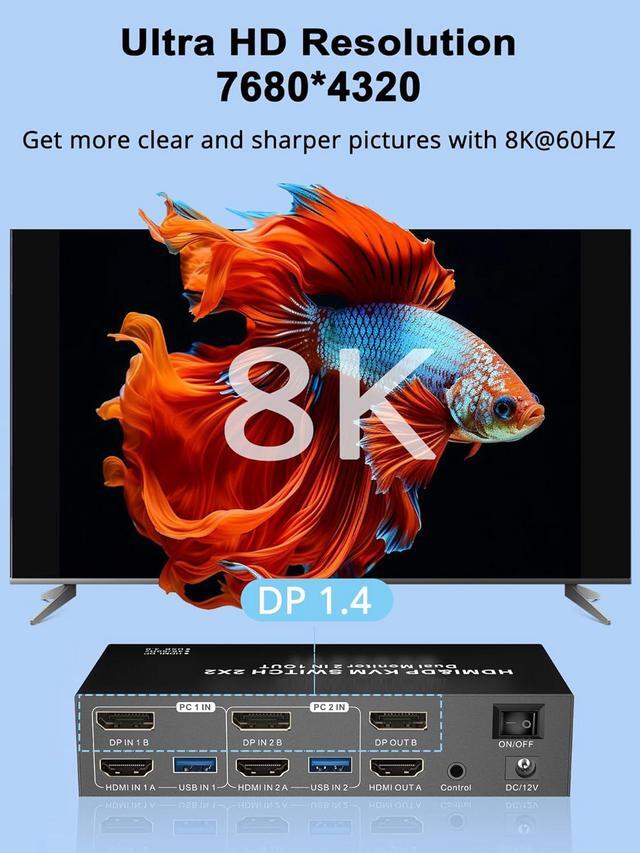 AUTYUE Dual Monitor HDMI + Displayport KVM Switch 2 Computers 4K 60Hz Dual Monitor KVM Switches For Dual PC Or Laptops 4 USB 3.0 Ports Support Extended/Copy Mode With DC 12V Adapter&Wired Controller