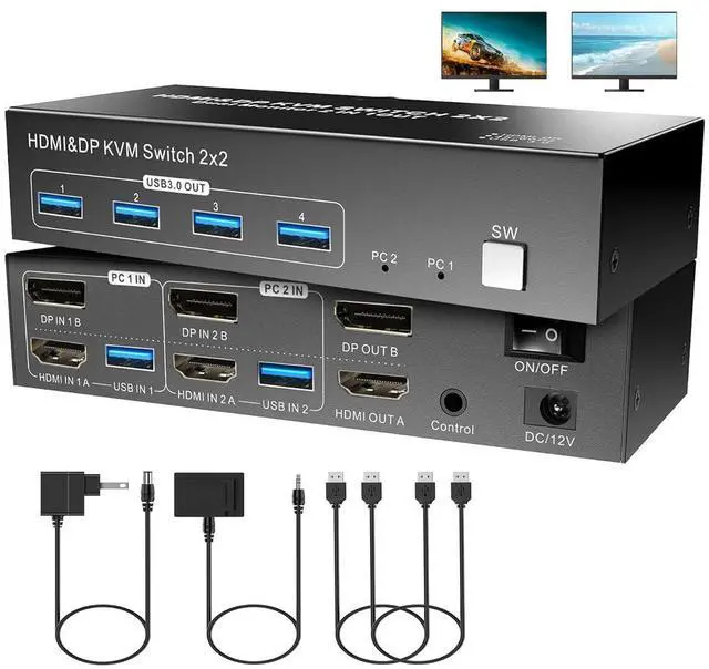 AUTYUE Dual Monitor HDMI + Displayport KVM Switch 2 Computers 4K 60Hz Dual Monitor KVM Switches for Dual PC or Laptops 4 USB 3.0 Ports Support Extended/Copy Mode with DC 12V Adapter&Wired Controller