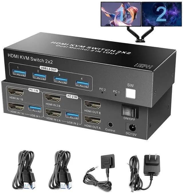 AUTYUE Dual Monitor HDMI KVM Switch 2 Computers 4K 60Hz Dual Monitor KVM Switches for Dual PC or Laptops 4 USB 3.0 Ports Support Extended/Copy Mode with DC 12V Adapter & Wired Controller