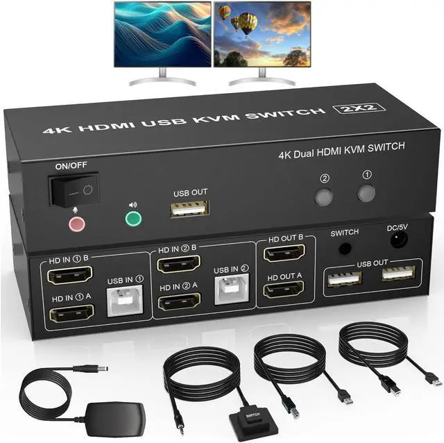 AUTYUE Dual Monitor KVM Switch HDMI 2 Port 4K 60Hz Extended Display HDMI KVM Switch 2 Monitors 2 Computers with Audio Microphone Output and 3 USB Ports PC Monitor Keyboard Mouse Switcher