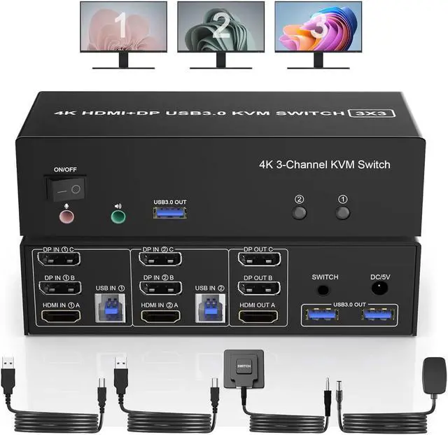 AUTYUE HDMI + 2 Displayport USB 3.0 KVM Switch Triple Monitor for 2 Computers 4K 60Hz KVM Switch 2 Computers 3 Monitors with Audio Microphone Output and 3 USB 3.0 Ports Keyboard Mouse Switcher