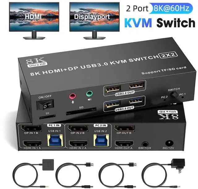 AUTYUE HDMI + Displayport KVM Switch 2 Monitors 2 Computers 8K 60Hz 4K 60Hz Dual Monitor Switch for 2 Computers Support Extended/Mirror Mode SD/TF Card 4 USB 3.0 Port for Keyboard Mouse Wired Remote