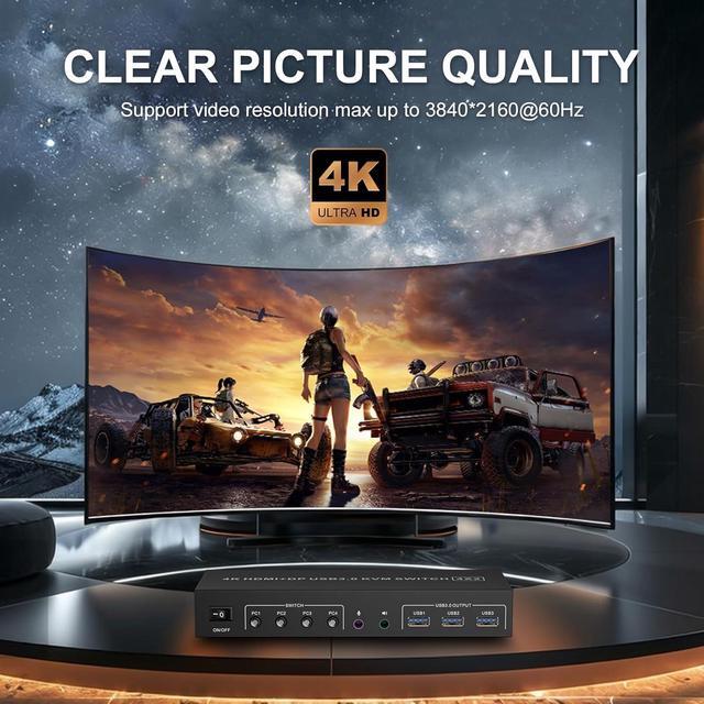 AUTYUE HDMI + DP KVM Switch 2 Monitors 4 Computers Dual Monitor HDMI + Displayport USB 3.0 KVM Switches 4K 60Hz KVM Switches Support Extended/Mirror Mode Share 3 USB 3.0 Port With Desktop Controller