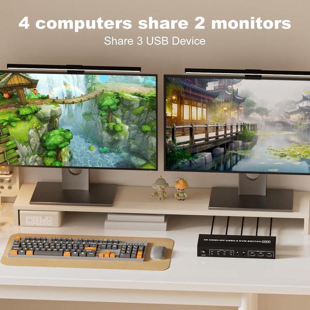 AUTYUE HDMI + DP KVM Switch 2 Monitors 4 Computers Dual Monitor HDMI + Displayport USB 3.0 KVM Switches 4K 60Hz KVM Switches Support Extended/Mirror Mode Share 3 USB 3.0 Port With Desktop Controller