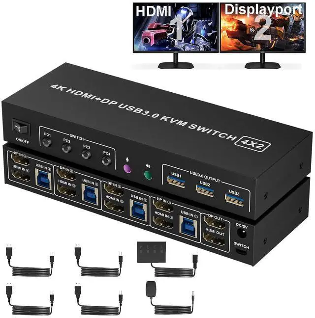 AUTYUE HDMI + DP KVM Switch 2 Monitors 4 Computers Dual Monitor HDMI + Displayport USB 3.0 KVM Switches 4K 60Hz KVM Switches Support Extended/Mirror Mode Share 3 USB 3.0 Port with Desktop Controller