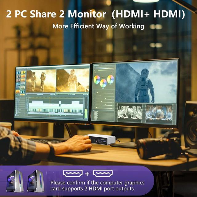 AUTYUE HDMI Dual Monitor KVM Switch 2 Computers 2 Monitors 4K 60Hz EDID Emulators HDMI USB KVM Switcher For 2 PCs Share Dual Monitors And 3 USB 3.0 Ports With Audio Microphone Extended & Mirror Mode