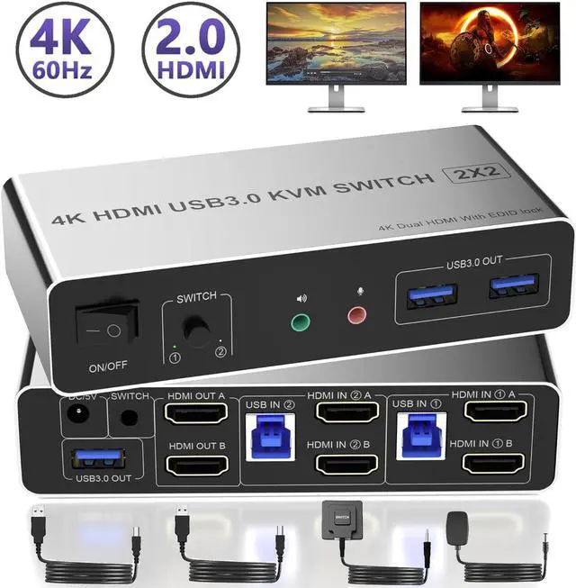 AUTYUE HDMI Dual Monitor KVM Switch 2 Computers 2 Monitors 4K 60Hz EDID Emulators HDMI USB KVM Switcher for 2 PCs Share Dual Monitors and 3 USB 3.0 Ports with Audio Microphone Extended & Mirror Mode