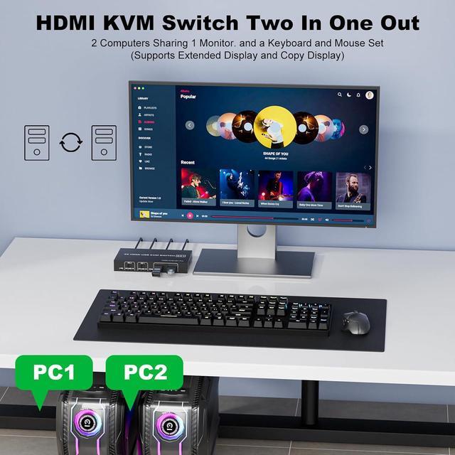 AUTYUE HDMI KVM Switch 1 Monitor 2 Computers 4K 60Hz USB-B HDMI KVM Switch For 2 Computer Share 1 Monitor With 3 USB Ports Sharing Keyboard And Mouse Printer/Scanner Desktop Controller Included