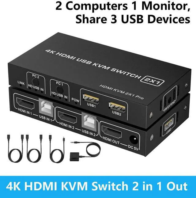 AUTYUE HDMI KVM Switch 1 Monitor 2 Computers 4K 60Hz USB-B HDMI KVM Switch for 2 Computer Share 1 Monitor with 3 USB Ports Sharing Keyboard and Mouse Printer/Scanner Desktop Controller included