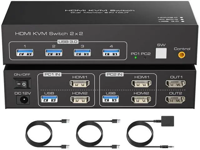 AUTYUE HDMI KVM Switch 2 Monitors 2 Computers 4K 60Hz HDMI Dual Monitor KVM Switches for Dual PC or Laptops Share 1 Set of Keyboard Mouse Printer Wired Controller and 12V 1A DC Adapter Included
