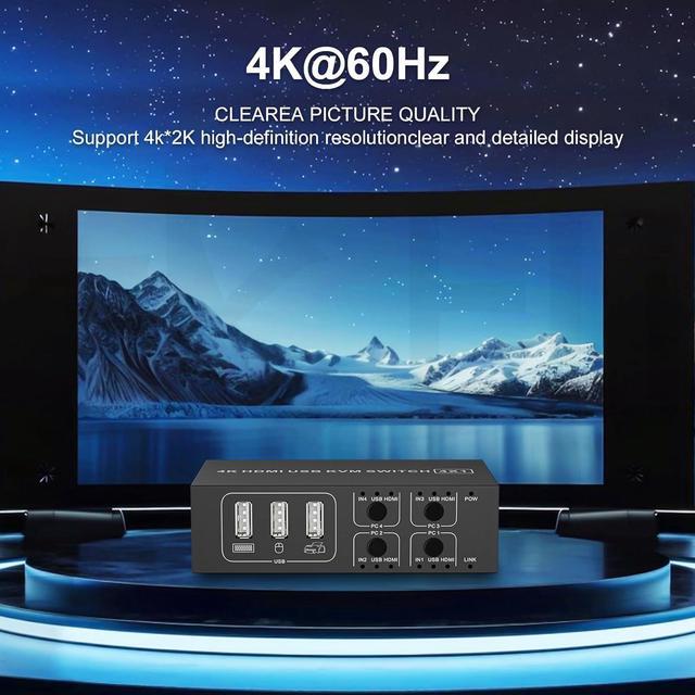 AUTYUE HDMI KVM Switch 4 In 1 Out 4K 60Hz 4 Port HDMI KVM Switch For 4 Computers Share 1 Monitor Keyboard Mouse Hard Drives Printer With 3 USB Ports Included 4 USB-A Cables And Desktop Controller