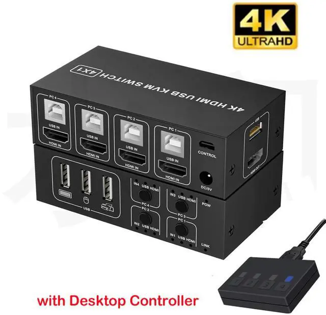 AUTYUE HDMI KVM Switch 4 in 1 Out 4K 60Hz 4 Port HDMI KVM Switch for 4 Computers Share 1 Monitor Keyboard Mouse Hard Drives Printer with 3 USB Ports Included 4 USB-A Cables and Desktop Controller