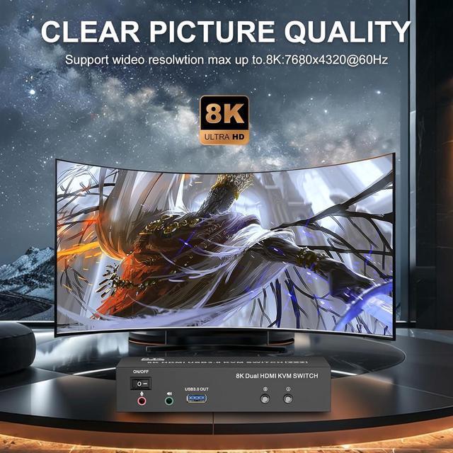 AUTYUE HDMI USB 3.0 KVM Switch 2 Monitors 2 Computers 8K 60Hz 4K 120Hz Dual Monitor HDMI KVM With 3 USB 3.0 Ports Share Keyboard Mouse Audio Microphone EDID/HDCP Adaptive For Gaming/Office