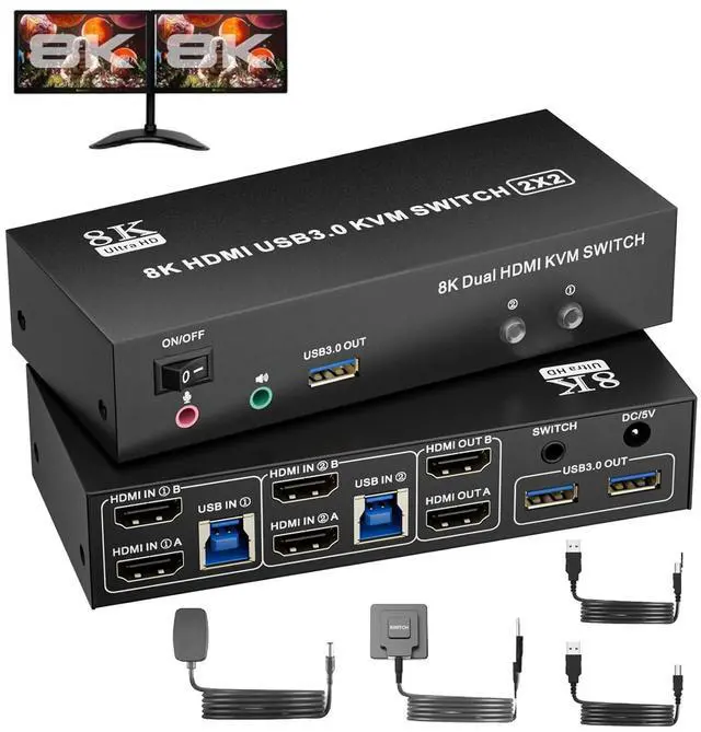 AUTYUE HDMI USB 3.0 KVM Switch 2 Monitors 2 Computers 8K 60Hz 4K 120Hz Dual Monitor HDMI KVM with 3 USB 3.0 Ports Share Keyboard Mouse Audio Microphone EDID/HDCP Adaptive for Gaming/Office