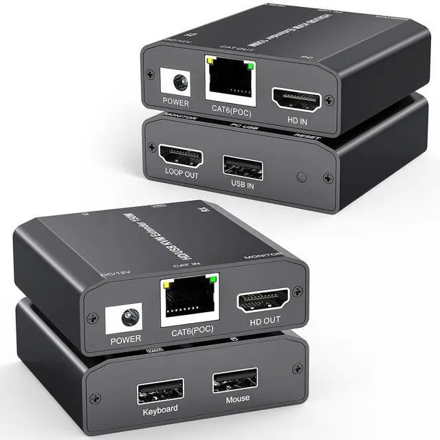 AUTYUE HDMI USB KVM Extender Over Cat 6/7 1080P 60Hz KVM Extender 150M/492FT HDMI Over Ethernet Transmitter Receiver Support Keyboard Mouse No Latency POC Function Single Power Supply