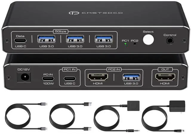 AUTYUE KVM Switch 1 Monitors 2 Computers 4K 60Hz USB C HDMI KVM Switch 2 Port for 1 Laptop 1 Desktop Share 1 Monitor Keyboard Mouse Hard Drives Printer Support 100W Charging for Laptop