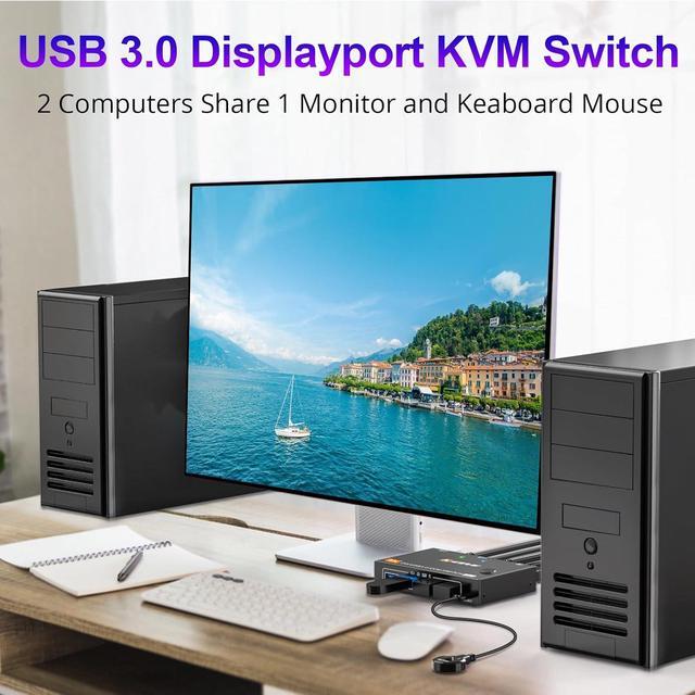 AUTYUE KVM Switch 2 Computer 1 Monitor Displayport 4K 240Hz 8K 60Hz USB 3.0 KVM Switch Displayport 2.1 For 2 PC Share 4 USB3.0 Devices Keyboard Mouse With USB 3.0 Cable Wired Remote And Power Supply