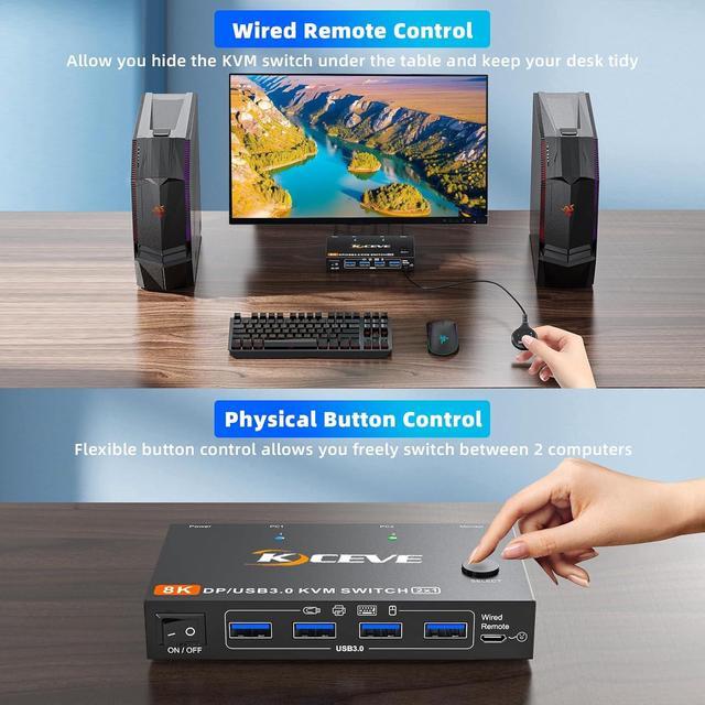 AUTYUE KVM Switch 2 Computer 1 Monitor Displayport 4K 240Hz 8K 60Hz USB 3.0 KVM Switch Displayport 2.1 For 2 PC Share 4 USB3.0 Devices Keyboard Mouse With USB 3.0 Cable Wired Remote And Power Supply