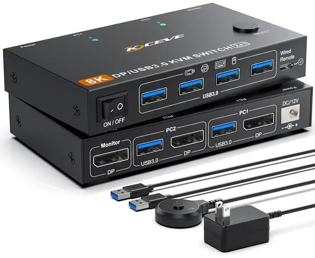 AUTYUE KVM Switch 2 Computer 1 Monitor Displayport 4K 240Hz 8K 60Hz USB 3.0 KVM Switch Displayport 2.1 for 2 PC Share 4 USB3.0 Devices Keyboard Mouse with USB 3.0 Cable Wired Remote and Power Supply