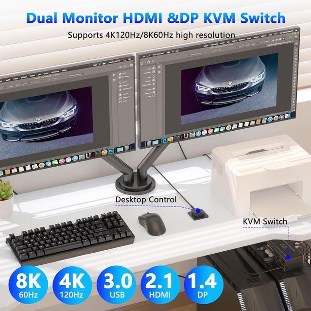 AUTYUE KVM Switch 2 Monitors 2 Computers 8K 60Hz HDMI + Displayport KVM Switch Extended/Mirror Mode 4K 120Hz KVM Switches For 2 PCs Sharing 2 Monitor And 4 USB 3.0 Devices With Desktop Controller