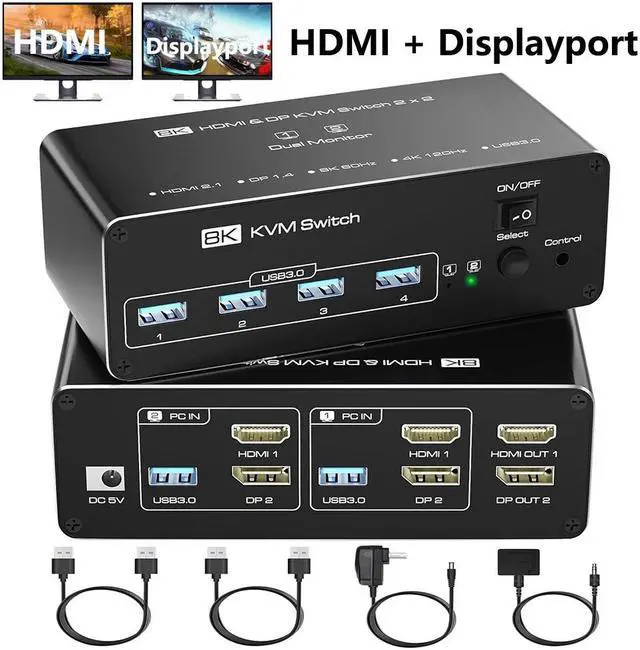 AUTYUE KVM Switch 2 Monitors 2 Computers 8K 60Hz HDMI + Displayport KVM Switch Extended/Mirror Mode 4K 120Hz KVM Switches for 2 PCs Sharing 2 Monitor and 4 USB 3.0 Devices with Desktop Controller