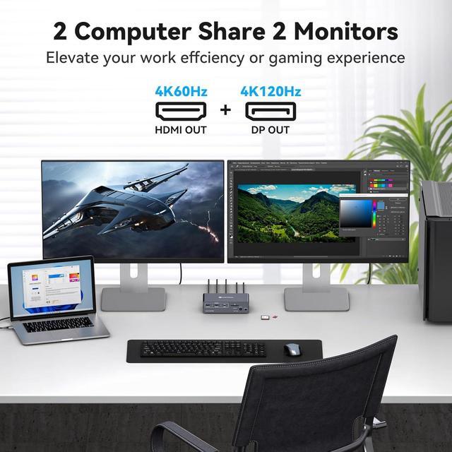 AUTYUE KVM Switch 2 Monitors 2 Computers USB C Docking Station With 4K60Hz HDMI And 4K120Hz DP KVM Switch Dual Monitor 10Gbps USB C+USB A 3.2 5Gbps USB 3.0 And SD/MicroSD Card Slots For Laptop&Desktop