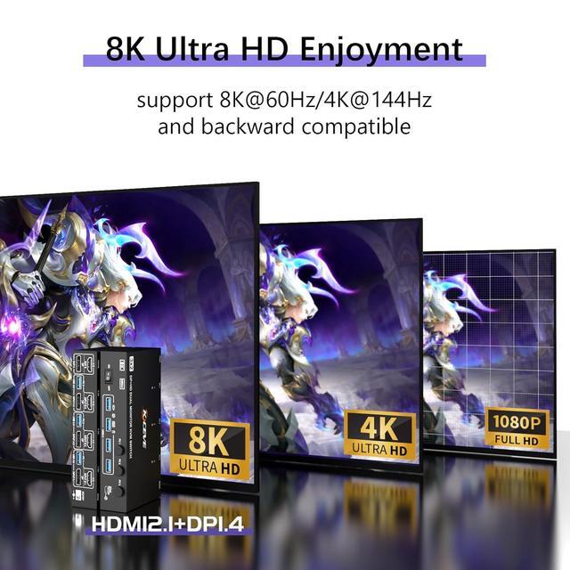 AUTYUE KVM Switch 2 Monitors 3 Computers Displayport And HDMI Support 4K 144Hz 8K 60Hz Dual Monitor USB 3.0 Switcher With 4 USB 3.0 Ports For Keyboard Mouse Wired Remote Adapter & USB Cables Included
