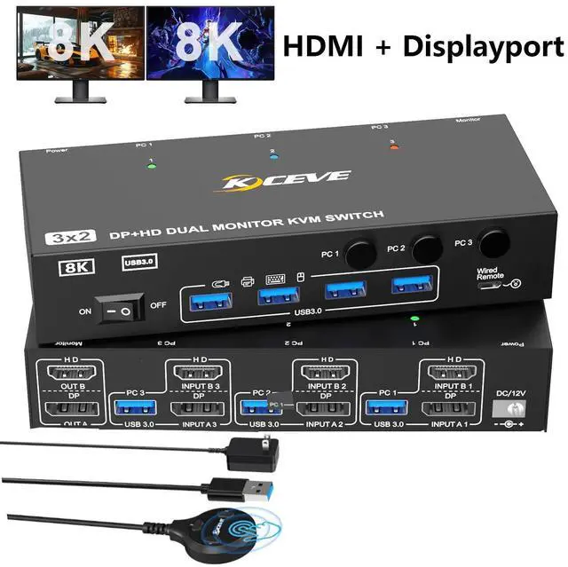 AUTYUE KVM Switch 2 Monitors 3 Computers Displayport and HDMI Support 4K 144Hz 8K 60Hz Dual Monitor USB 3.0 Switcher with 4 USB 3.0 Ports for Keyboard Mouse Wired Remote Adapter & USB Cables Included