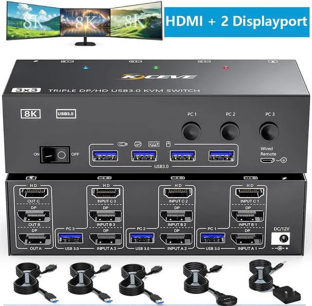AUTYUE KVM Switch 3 Computers 3 Monitors HDMI + 2 DisplayPort USB 3.0 KVM Switcher 8K 30Hz/4k 144Hz Triple Monitor DP KVM for 3 PC Share 3 Display and 4 USB 3.0 Devices Wired Remote Included