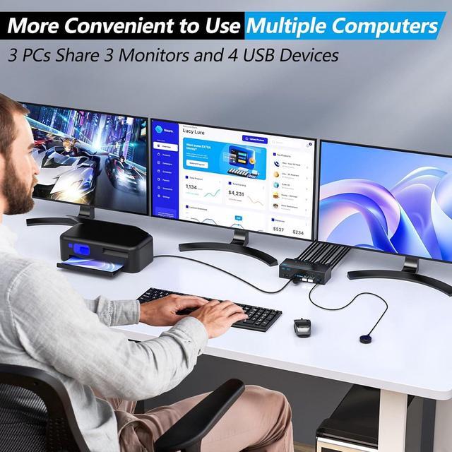 AUTYUE KVM Switch 3 Monitors 3 Computers 8K 60Hz 4K 144Hz Triple Monitor HDMI + 2 DP KVM Switch 1 HDMI + 2 Displayport KVM Switch With 4 USB 3.0 Ports 3 Monitor KVM With Power Adapter Wired Remote