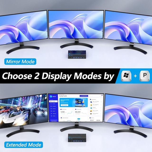 AUTYUE KVM Switch 3 Monitors 3 Computers 8K 60Hz 4K 144Hz Triple Monitor HDMI + 2 DP KVM Switch 1 HDMI + 2 Displayport KVM Switch With 4 USB 3.0 Ports 3 Monitor KVM With Power Adapter Wired Remote