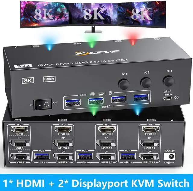 AUTYUE KVM Switch 3 Monitors 3 Computers 8K 60Hz 4K 144Hz Triple Monitor HDMI + 2 DP KVM Switch 1 HDMI + 2 Displayport KVM Switch with 4 USB 3.0 Ports 3 Monitor KVM with Power Adapter Wired Remote