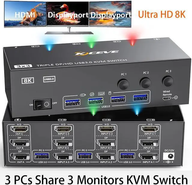 AUTYUE KVM Switch 3 Monitors 3 Computers 8K 60Hz 4K 144Hz HDMI + 2 Displayport KVM Switch Triple Monitor for 3 Computer Share 3 Monitors and 4 USB3.0 Devices with Wired Remote and 12V power Adapter