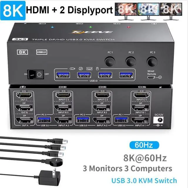AUTYUE KVM Switch 3 Monitors 3 Computers 8K 60Hz/4k 144Hz HDMI + 2 Displayport Triple Monitor KVM Switches for 3 PCs Share 3 Displays and 4 USB 3.0 Devices Included USB Cables and Wired Remote