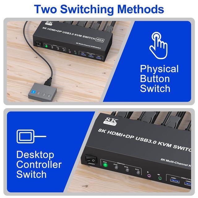 AUTYUE KVM Switch 3 Monitors 4 Computers 8K 60Hz 4K 144Hz 2 HDMI +1 DisplayPort KVM Switch Triple Monitor For 4 Computer With Audio And 3 USB 3.0 Ports KVM Triple Monitor Keyboard Mouse Switcher