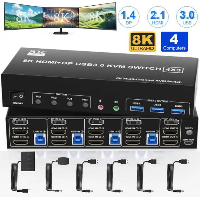 AUTYUE KVM Switch 3 Monitors 4 Computers 8K 60Hz 4K 144Hz 2 HDMI +1 DisplayPort KVM Switch Triple Monitor for 4 Computer with Audio and 3 USB 3.0 Ports KVM Triple Monitor Keyboard Mouse Switcher