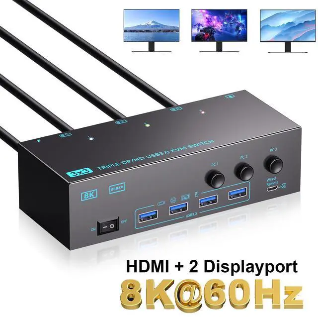 AUTYUE KVM Switch 8K 60Hz HDMI + 2 DP KVM Switches 3 Monitors 3 PCs with 4 USB 3.0 Ports KVM Switch for 3 PCs Share 3 Monitors Keyboard Mouse Printer with 3 USB Cables Power Adapter Controller