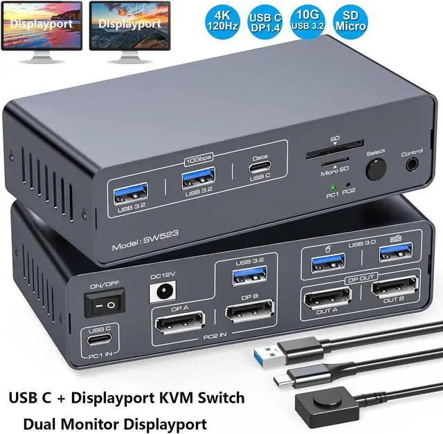 AUTYUE KVM Switch Docking Station 4K 120Hz USB C Displayport KVM Switch 2 Monitors 2 Computers Displayport Dual Monitor KVM-Switches for Laptop and Desktop Share 13-in-1 Dock with Wired Remote