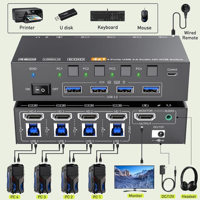 AUTYUE KVM Switch HDMI 8K 60Hz/2K 120Hz 4 In 1 Out HDMI KVM Switch For 4 Computers That Share 1 Monitor And 4 USB 3.0 Devices Supports EDID With 3.5mm Audio Wired Remote And USB Cable Included