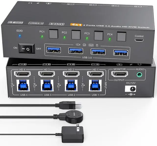 AUTYUE KVM Switch HDMI 8K 60Hz/2K 120Hz 4 in 1 Out HDMI KVM Switch for 4 Computers that Share 1 Monitor and 4 USB 3.0 Devices Supports EDID with 3.5mm Audio Wired Remote and USB Cable Included