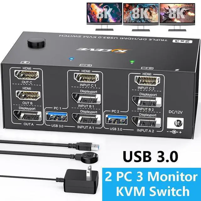AUTYUE KVM Switch HDMI + Displayport 8K 60Hz/4K 144Hz Triple Monitor Displayport 1.4 + HDMI 2.1 KVM Switch for 2 Computers Share 3 Monitor and 4 USB 3.0 Devices Wired Remote and USB Cables Included