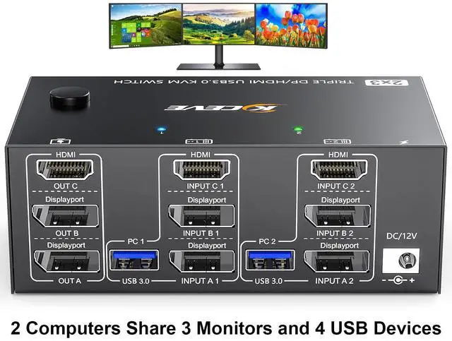 AUTYUE Triple Monitor KVM Switch 3 Monitors 2 Computers 8K 60Hz 4K 144Hz HDMI + 2 Displayport USB 3.0 KVM Switches for 2 Computers Share 3 Monitors and 4 USB 3.0 Device with Wired Remote USB Cables