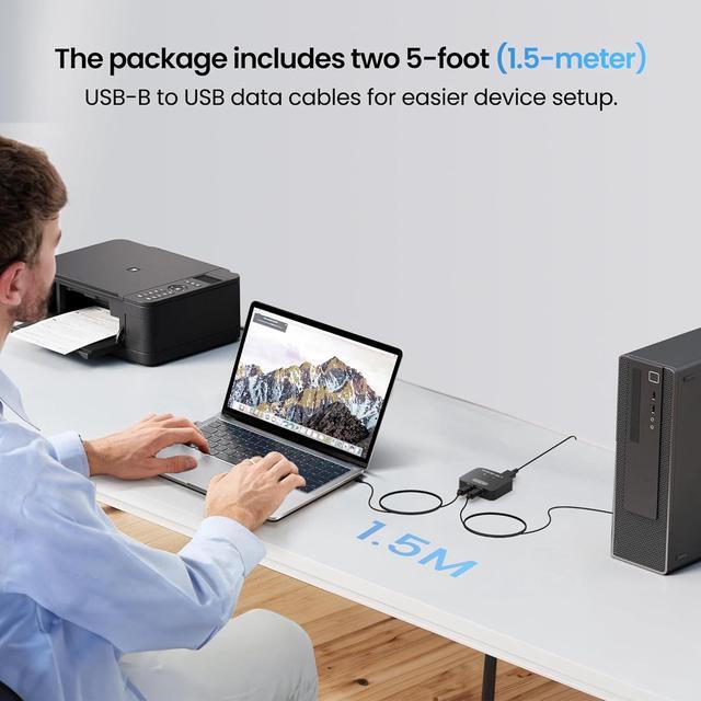AUTYUE USB 2.0 Sharing Switch Printer Splitter For Two Computers With 2 USB Printer Cables(5ft/1.5M) USB Printer Sharing KVM Switch Support Desk Controller Printer Cable Splitter Plug And Play