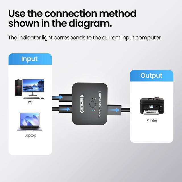 AUTYUE USB 2.0 Sharing Switch Printer Splitter For Two Computers With 2 USB Printer Cables(5ft/1.5M) USB Printer Sharing KVM Switch Support Desk Controller Printer Cable Splitter Plug And Play