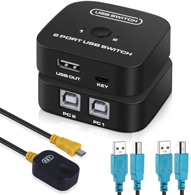 AUTYUE USB 2.0 Sharing Switch Printer Splitter for Two Computers with 2 USB Printer Cables(5ft/1.5M) USB Printer Sharing KVM Switch Support Desk Controller Printer Cable Splitter Plug and Play