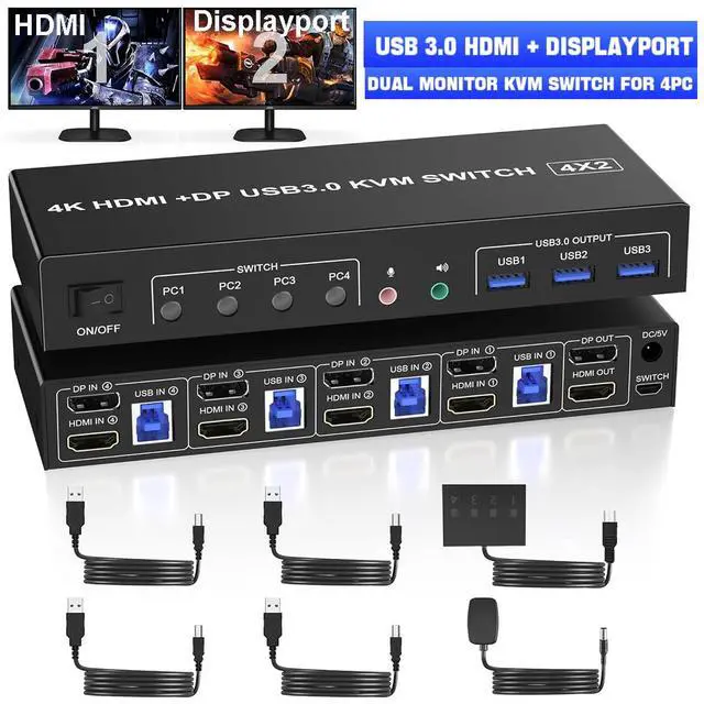 AUTYUE USB 3.0 Displayport+HDMI KVM Switch 2 Monitors 4 Computers 4K 60Hz KVM Switch with Audio Microphone and 3 USB 3.0 Ports 4 Port HDMI+DP Dual Monitor KVM Switch for 4 PCs with Wired Remote
