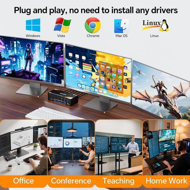 AUTYUE USB 3.0 HDMI + 2 Displayport KVM Switch 3 Monitors 3 Computers Triple Monitor HDMI KVM Switch 8K 60Hz 4K 144Hz For 3 Computers Share Mouse Keyboard Wired Remote And Power Adapter