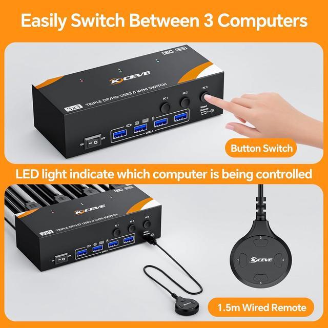 AUTYUE USB 3.0 HDMI + 2 Displayport KVM Switch 3 Monitors 3 Computers Triple Monitor HDMI KVM Switch 8K 60Hz 4K 144Hz For 3 Computers Share Mouse Keyboard Wired Remote And Power Adapter